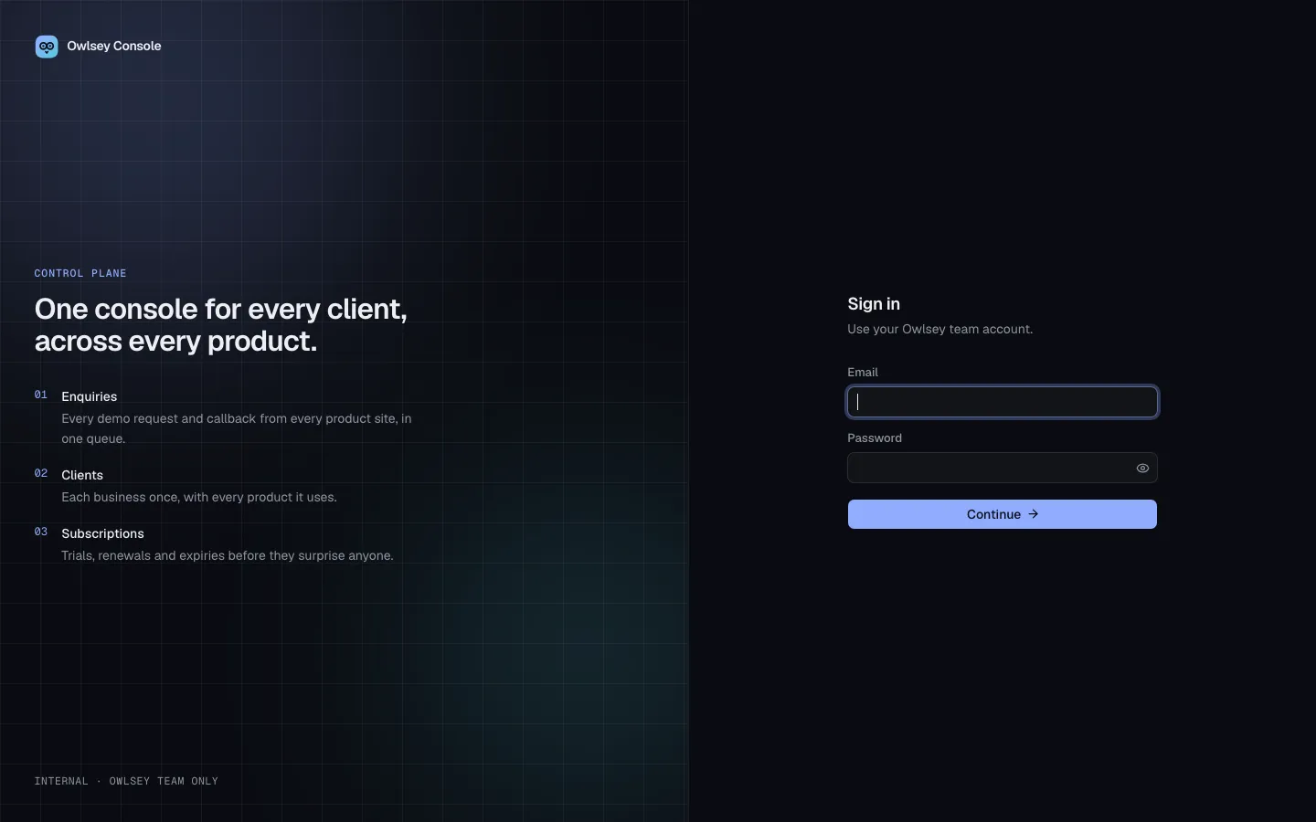 Owlsey Console — live product screenshot